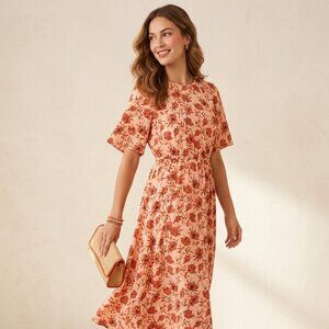Halogen Terracotta Peach Floral Midi Dress Smocked Waist Small Nordstrom Spring